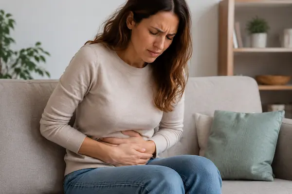 Mujer sujetándose el abdomen debido a dolor abdominal